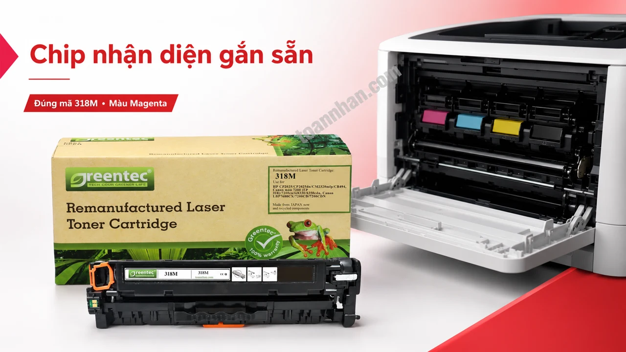 Hộp mực Greentech Canon 318M màu Magenta có chip nhận diện cạnh máy in tương thích
