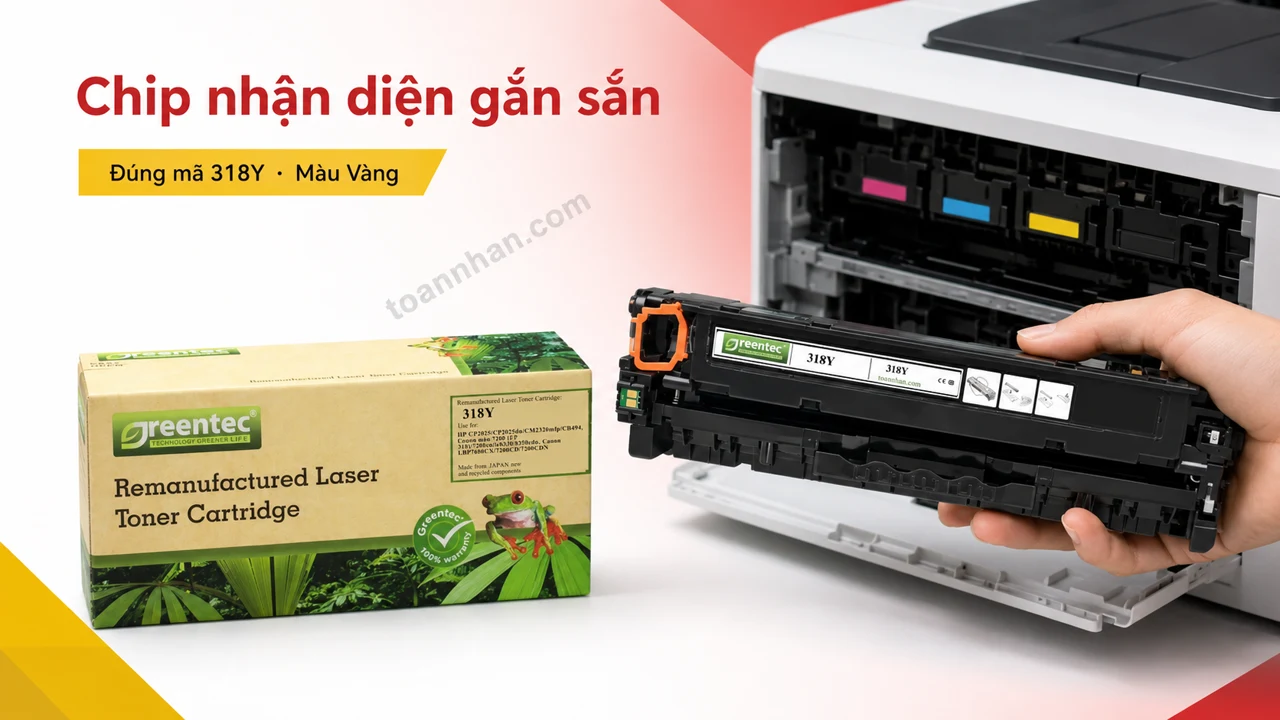 Hộp mực Greentech Canon 318Y màu Vàng có chip nhận diện cạnh máy in tương thích