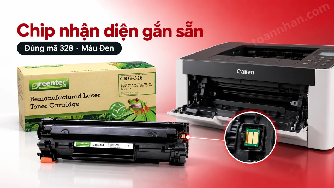 Hộp mực Greentec Canon 328 màu Đen có chip nhận diện cạnh máy in tương thích