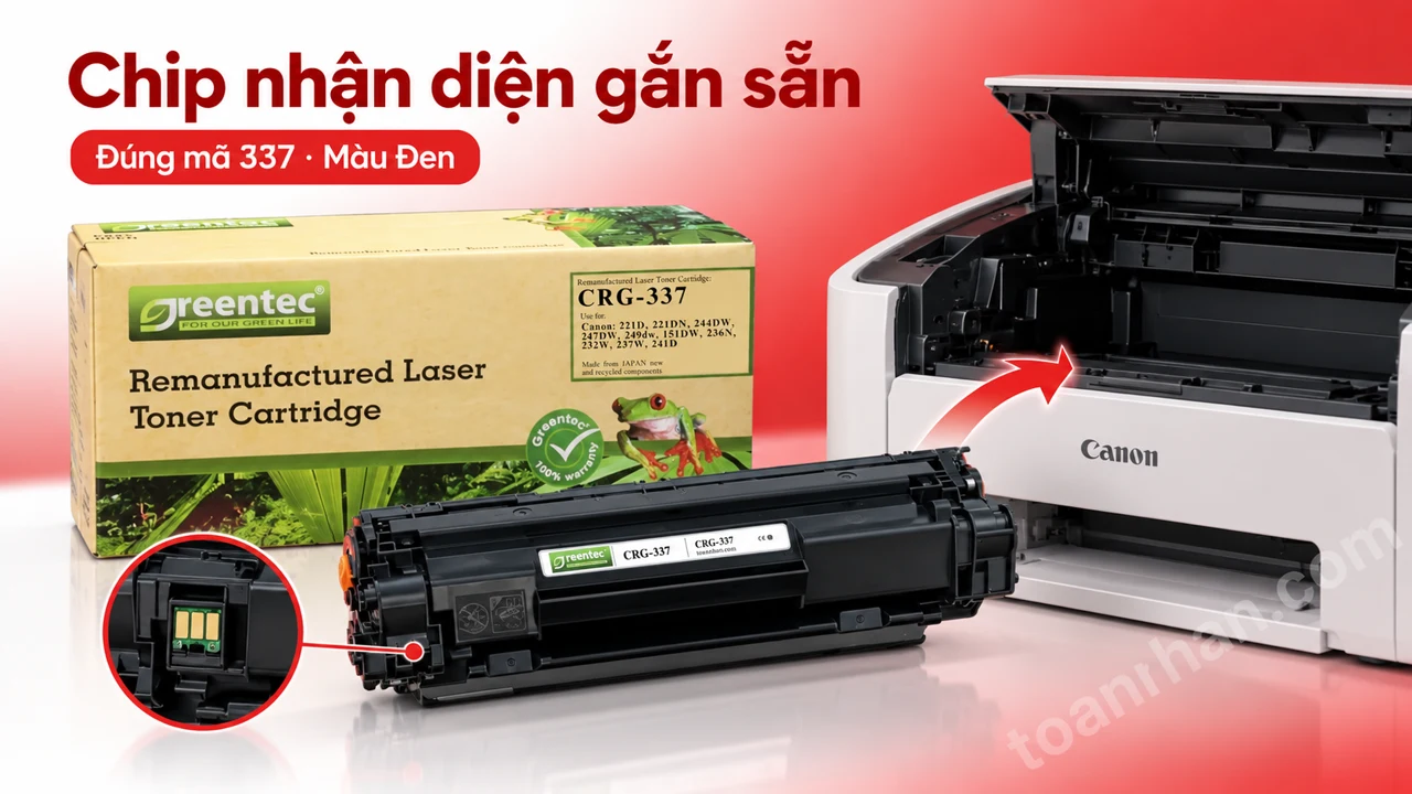 Hộp mực Greentec Canon 337 màu Đen có chip nhận diện cạnh máy in tương thích