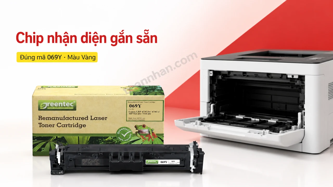 Hộp mực Greentech Canon CN069Y màu Vàng có chip nhận diện cạnh máy in tương thích