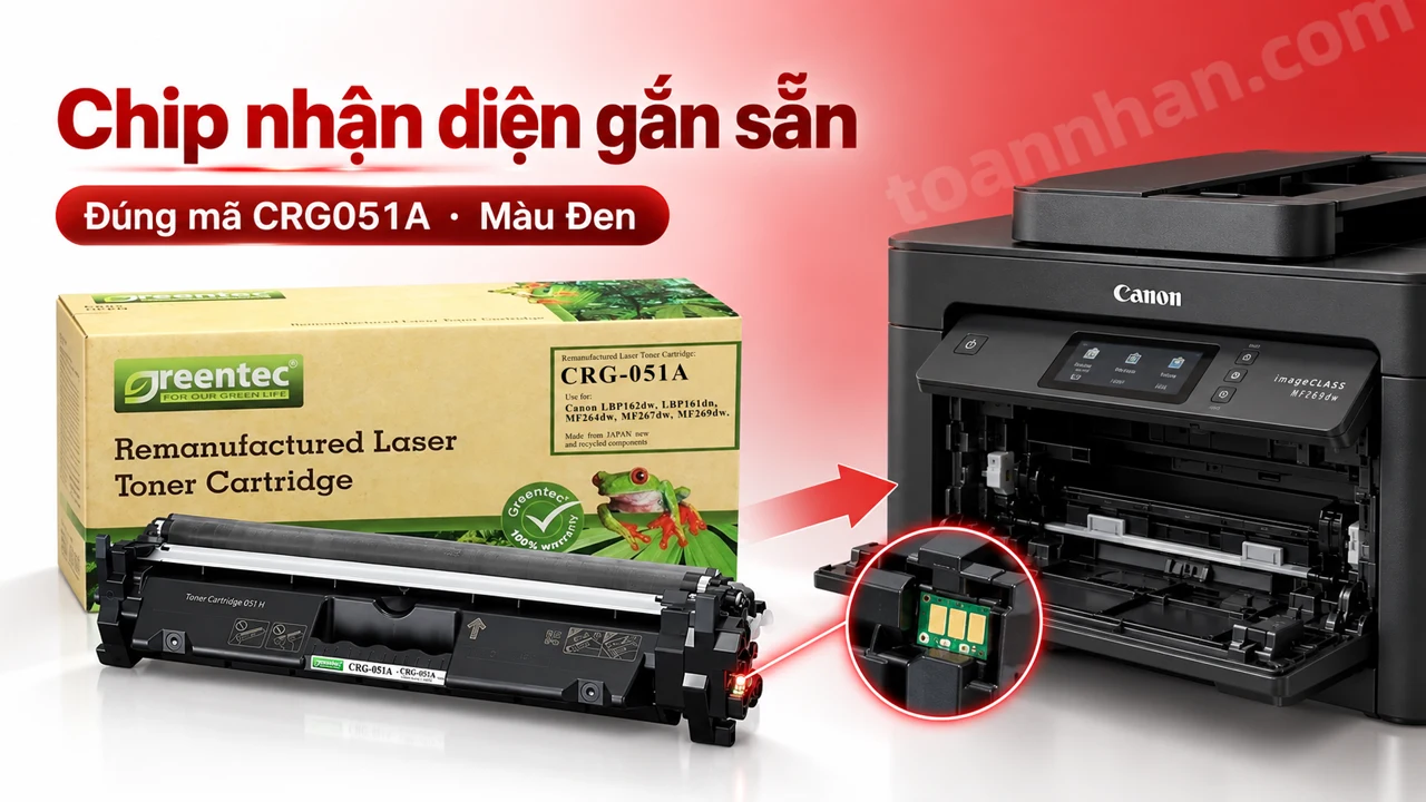 Hộp mực Greentec Canon CRG051A màu Đen có chip nhận diện cạnh máy in tương thích