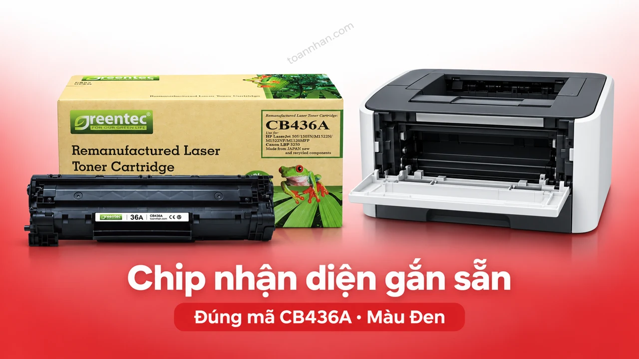 Hộp mực Greentec HP CB436A màu Đen có chip nhận diện cạnh máy in tương thích