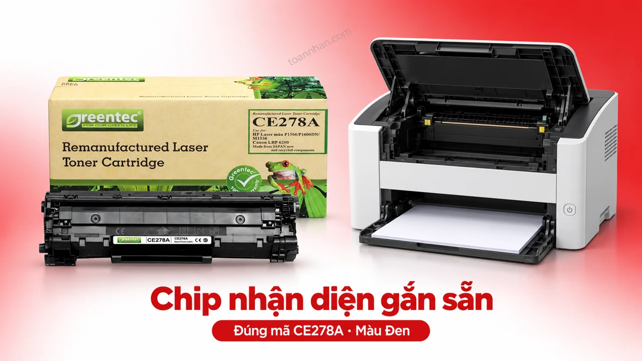 Hộp mực Greentec HP CE278A màu Đen có chip nhận diện cạnh máy in tương thích