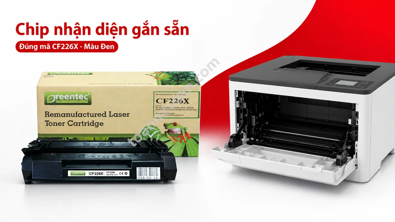 Hộp mực Greentec HP CF226X màu Đen có chip nhận diện cạnh máy in tương thích