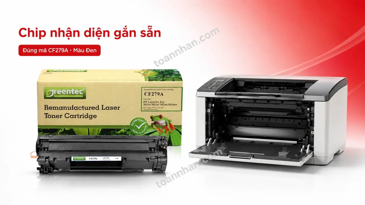 Hộp mực Greentec HP CF279A màu Đen có chip nhận diện cạnh máy in tương thích