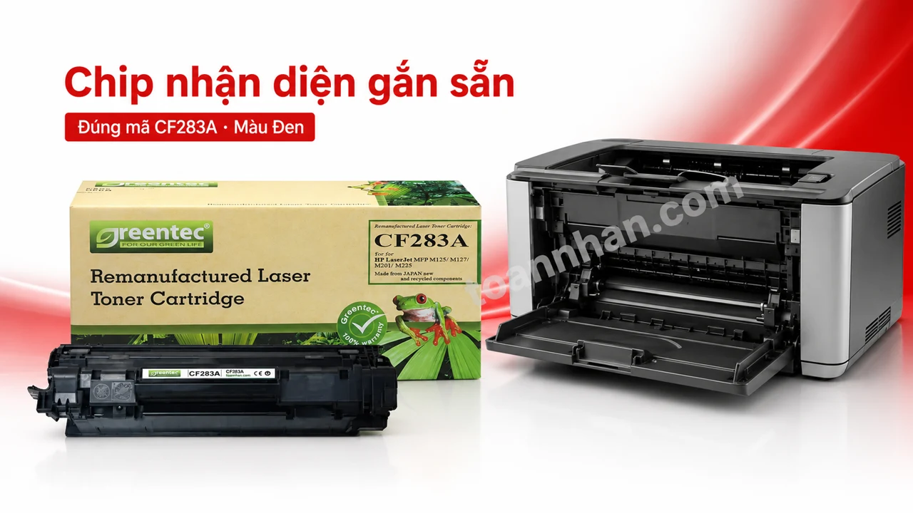 Hộp mực Greentec HP CF283A màu Đen có chip nhận diện cạnh máy in tương thích