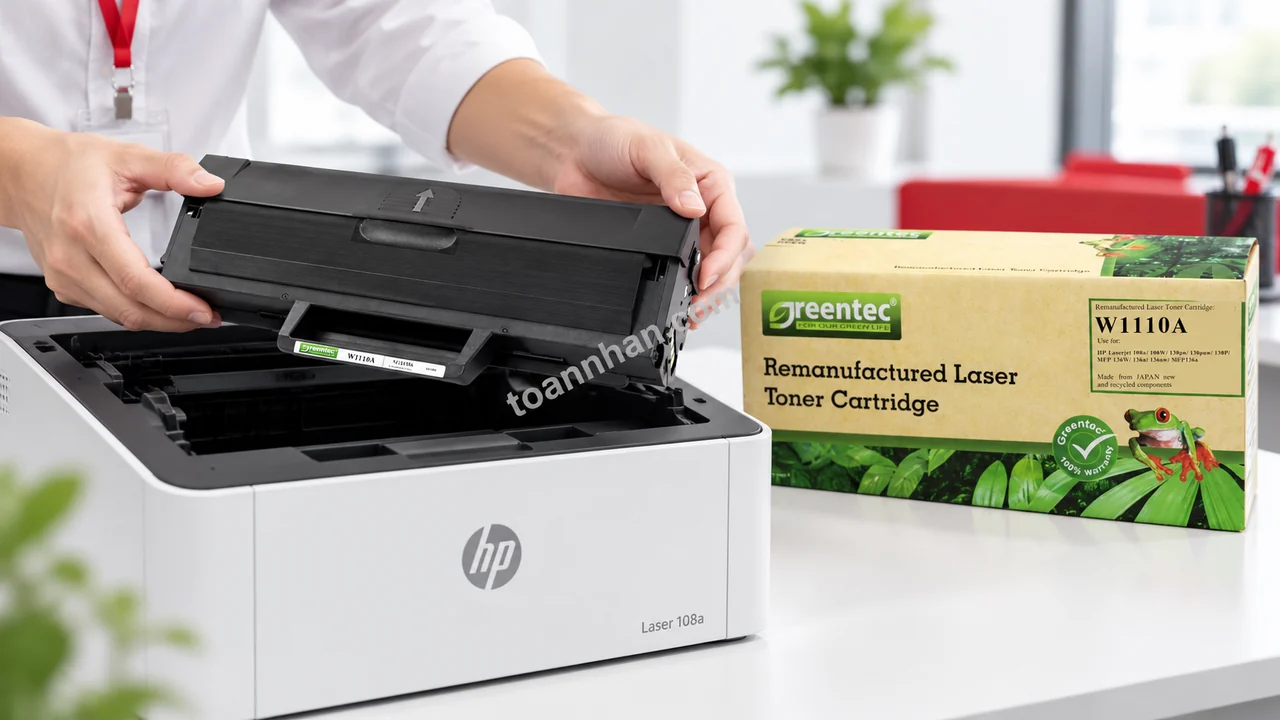 Cartridge Greentech HP W1110A được lắp vào máy HP Laser 108a, hộp sản phẩm ở cạnh