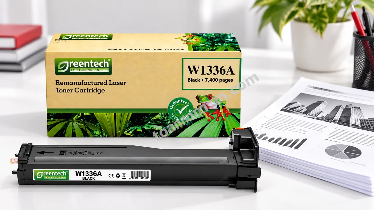 Hộp và cartridge Greentech HP W1336A cạnh bản in đen trên bàn làm việc