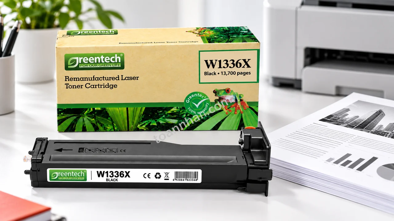 Hộp và cartridge Greentech HP W1336X cạnh bản in đen trên bàn làm việc