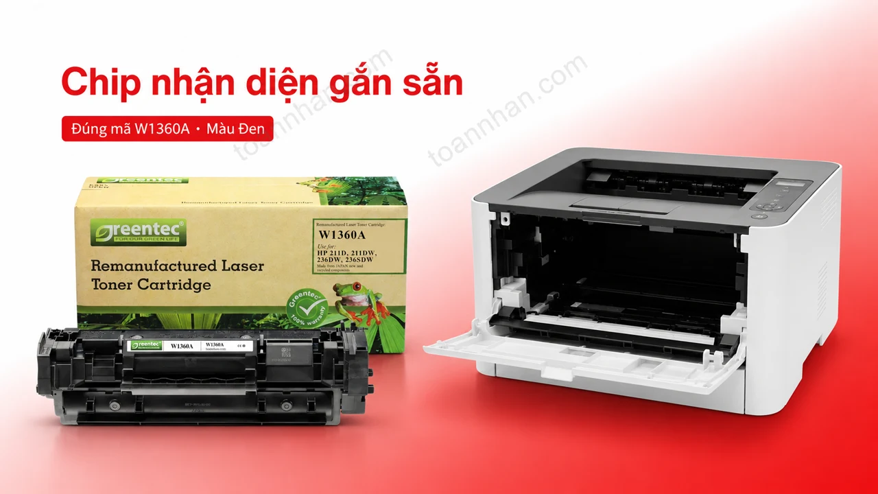 Hộp mực Greentec HP W1360A màu Đen có chip nhận diện cạnh máy in tương thích