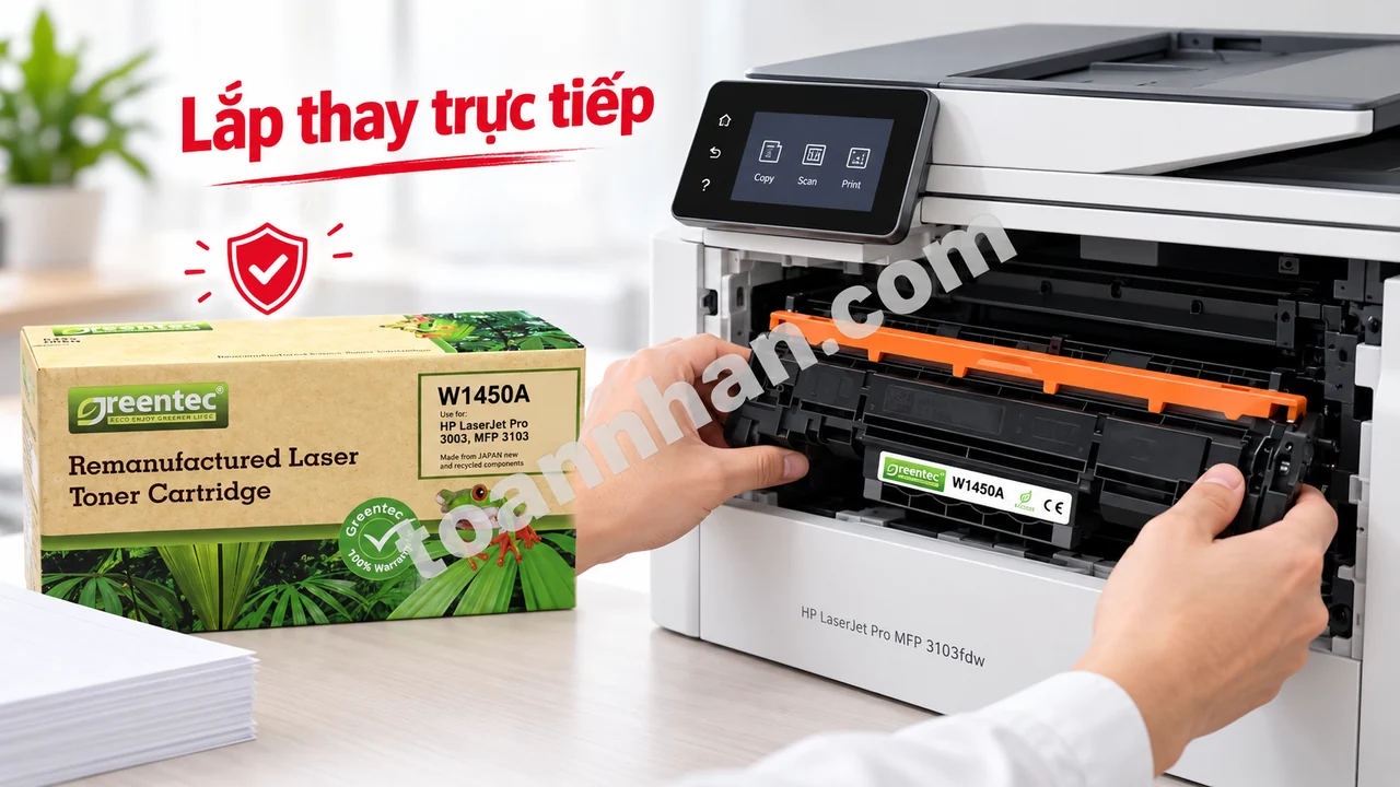 Hình minh họa hộp và cartridge Greentech HP W1450A đang lắp vào HP LaserJet Pro MFP 3103fdw