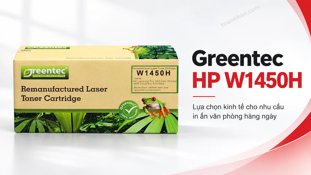 Hộp mực Greentec HP W1450H trên nền trắng với điểm nhấn đỏ