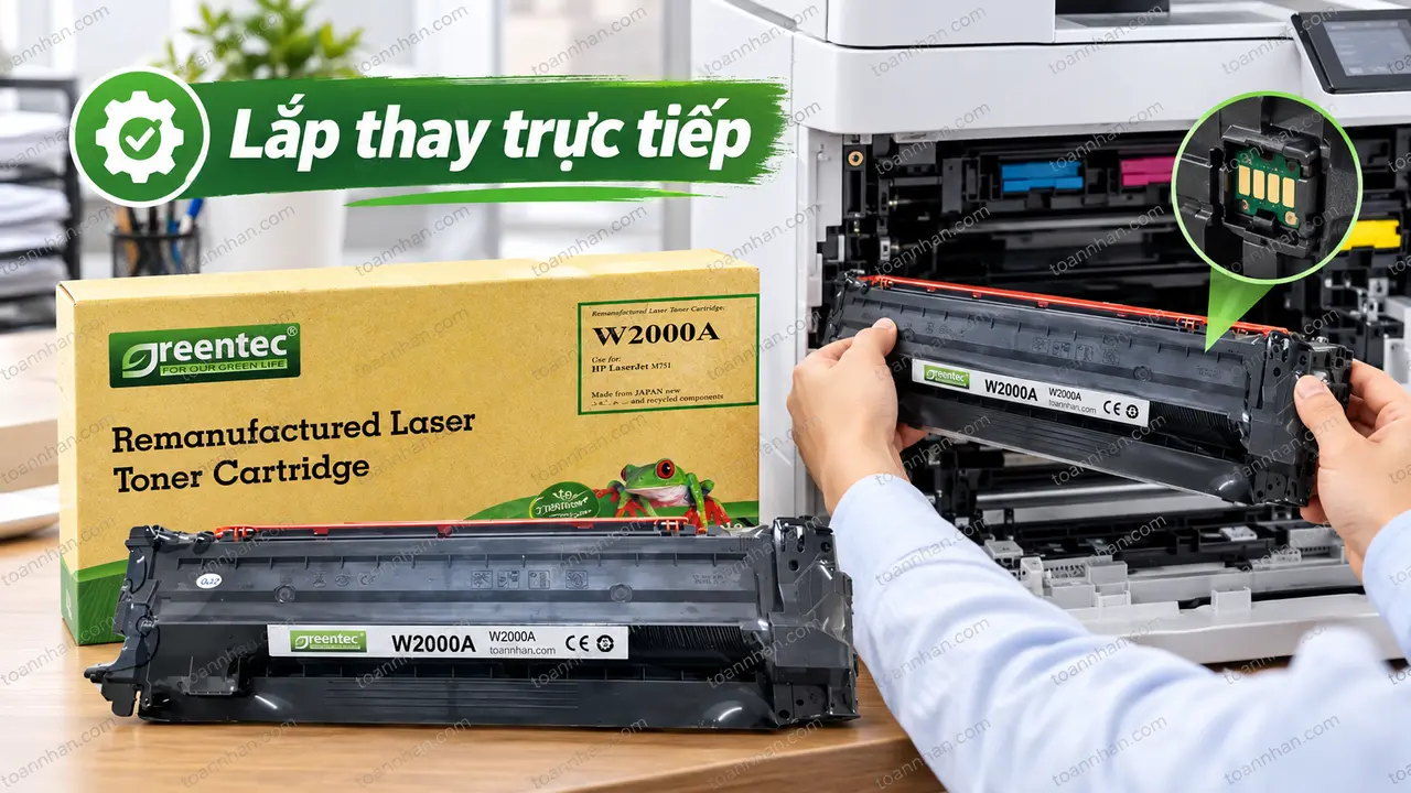 Hộp mực Greentech HP W2000A màu đen được lắp vào máy in tương thích, có chip nhận diện