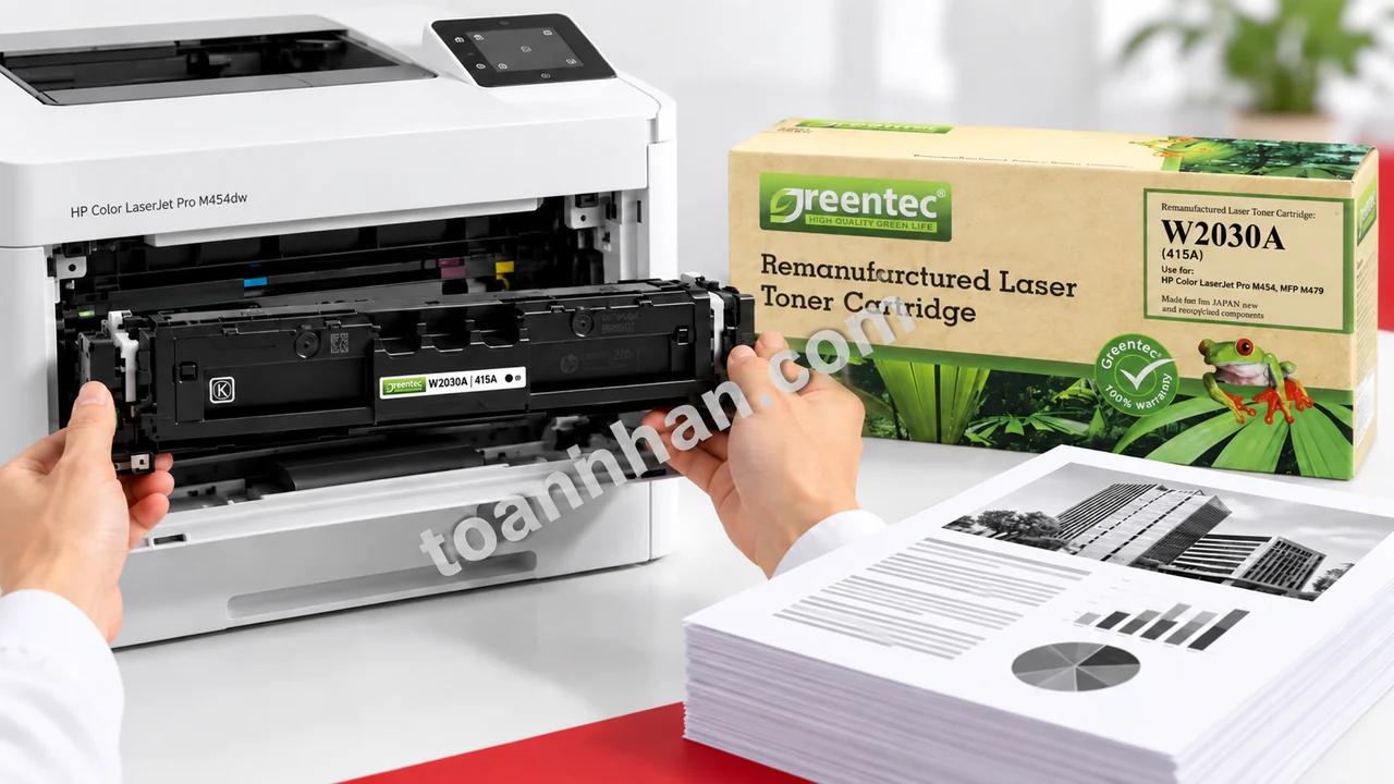 Hình minh họa hộp và cartridge Greentech HP W2030A màu đen đang lắp vào HP Color LaserJet Pro M454dw