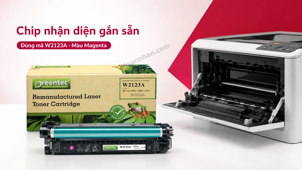 Hộp mực Greentech HP W2123A màu Magenta có chip nhận diện cạnh máy in tương thích