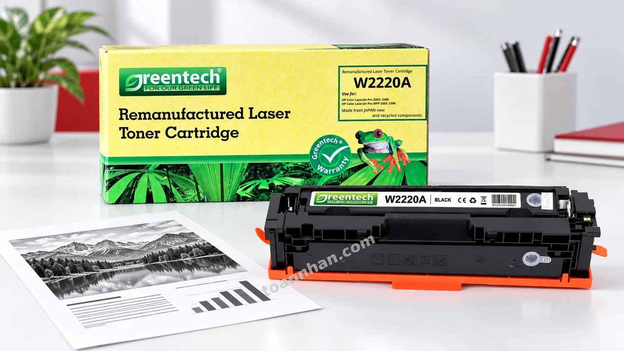 Hộp và cartridge Greentech HP W2220A cạnh bản in đen trên bàn làm việc