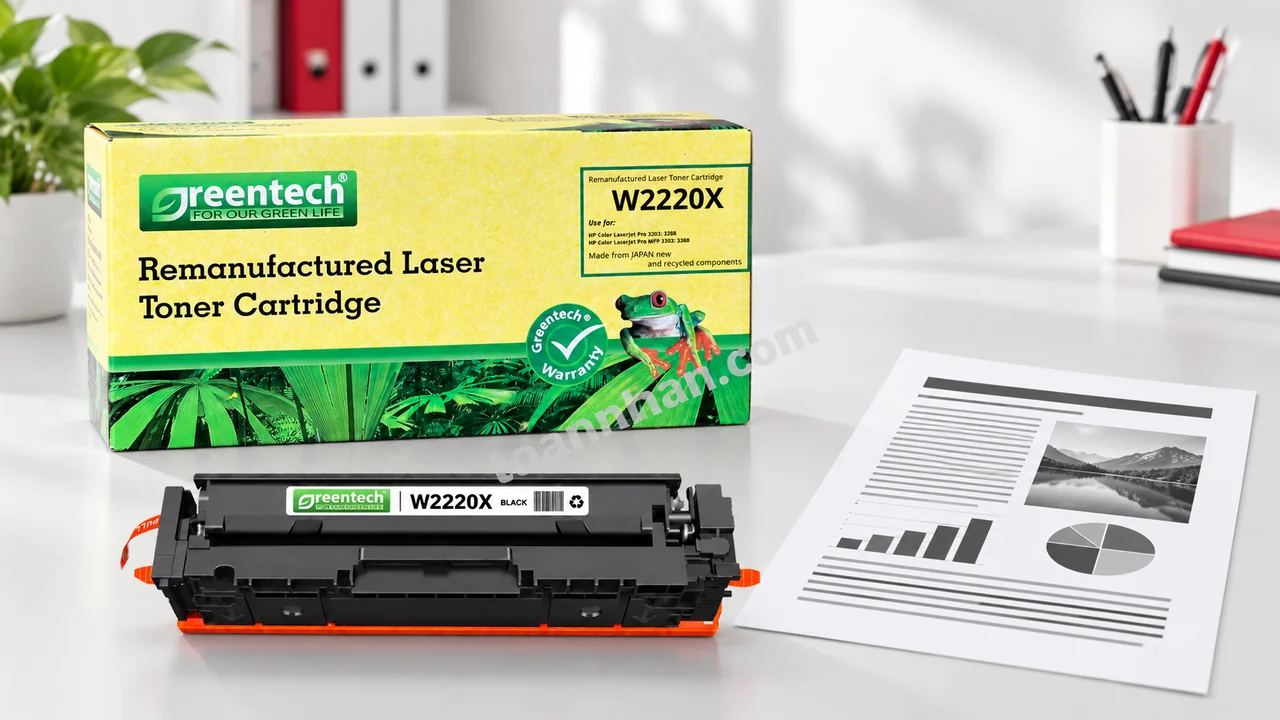 Hộp và cartridge Greentech HP W2220X cạnh bản in đen trên bàn làm việc