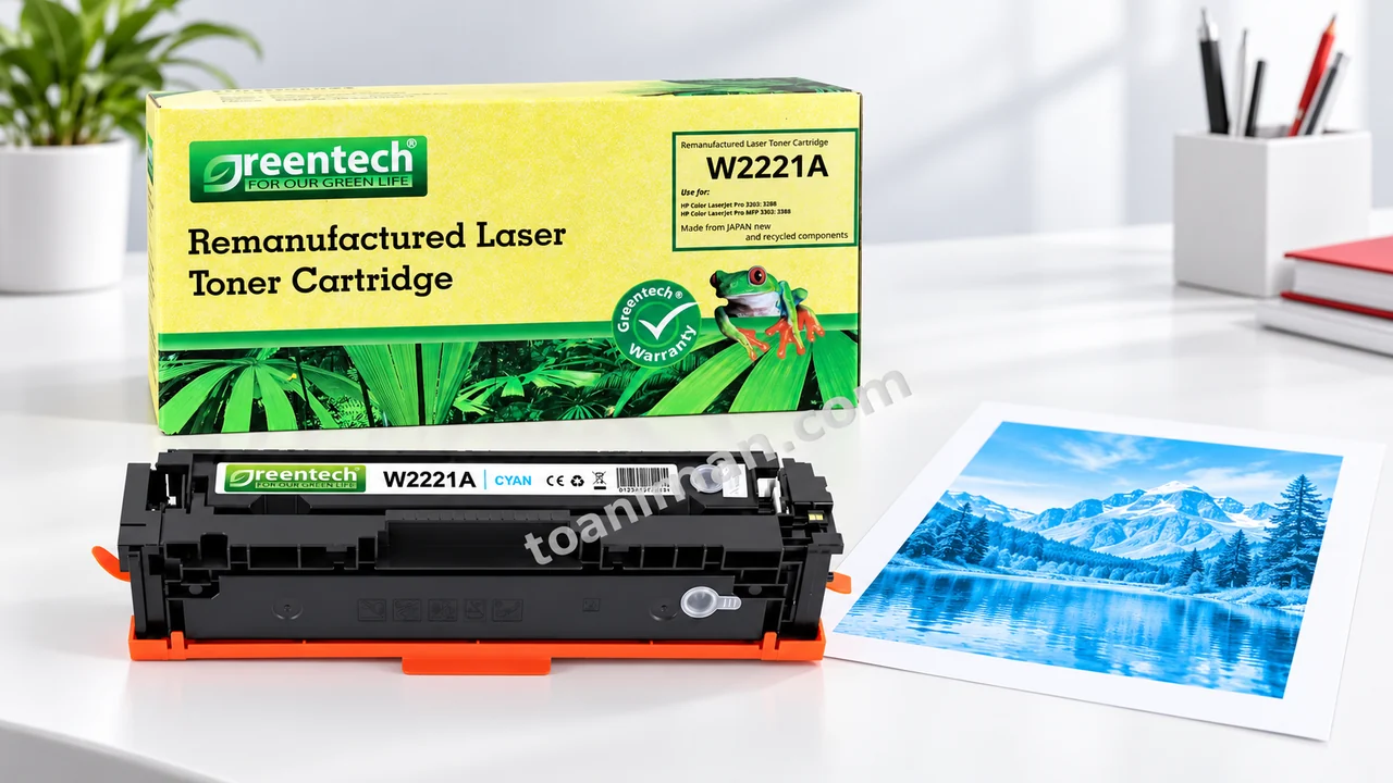 Hộp và cartridge Greentech HP W2221A cạnh bản in xanh trên bàn làm việc