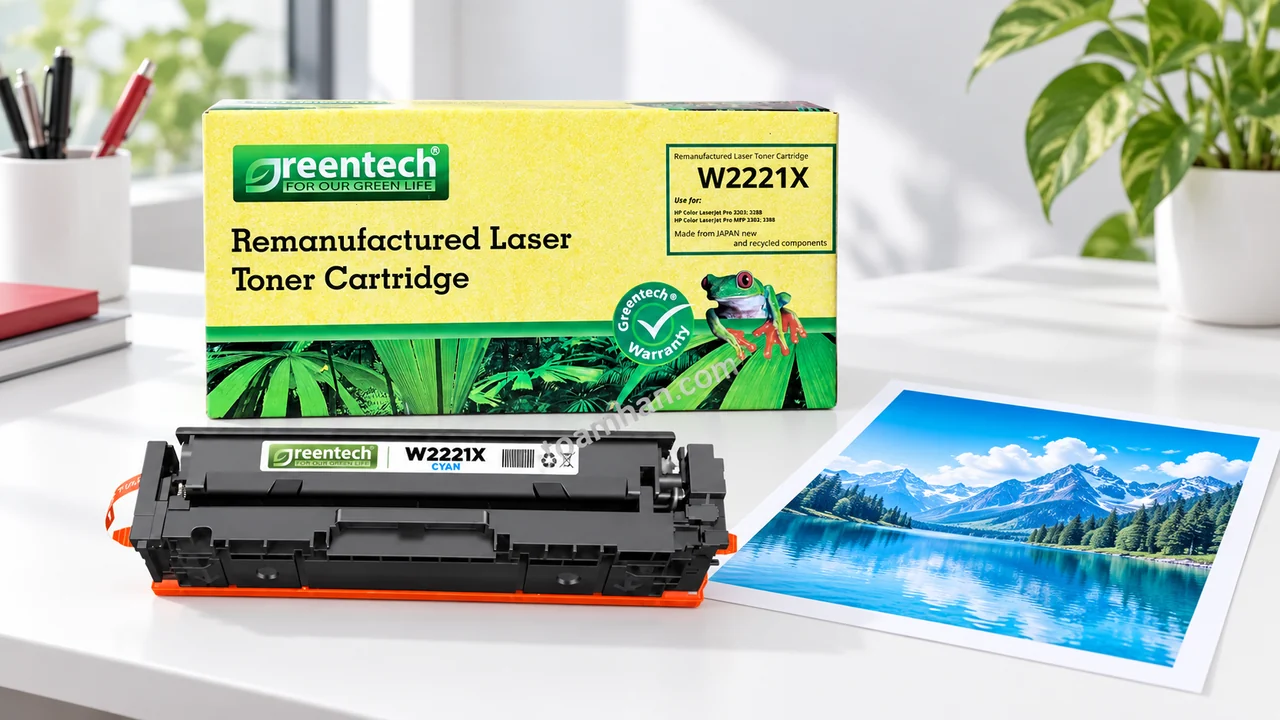 Hộp và cartridge Greentech HP W2221X cạnh bản in màu xanh trên bàn làm việc