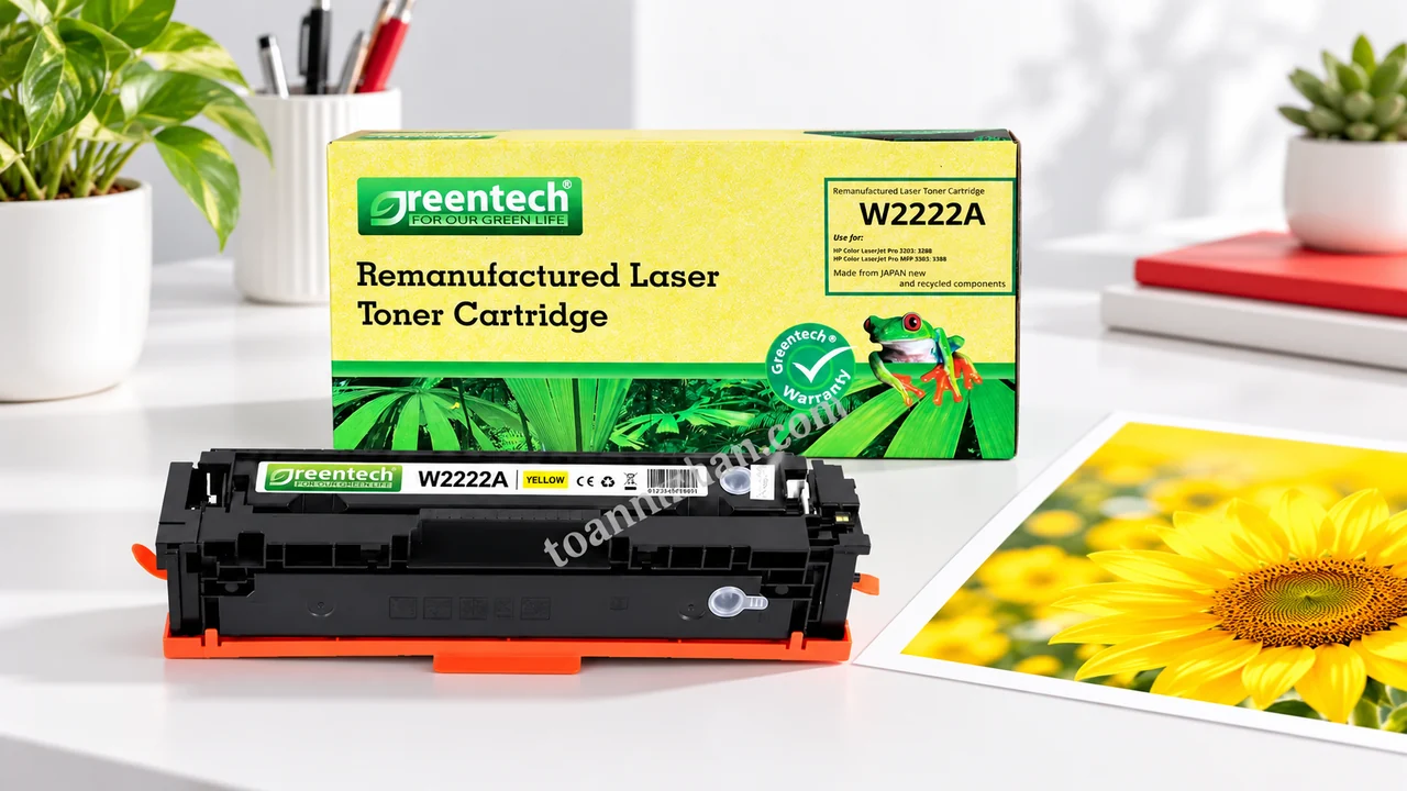 Hộp và cartridge Greentech HP W2222A cạnh bản in màu vàng trên bàn làm việc