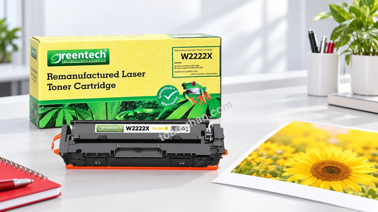 Hộp và cartridge Greentech HP W2222X cạnh bản in màu vàng trên bàn làm việc