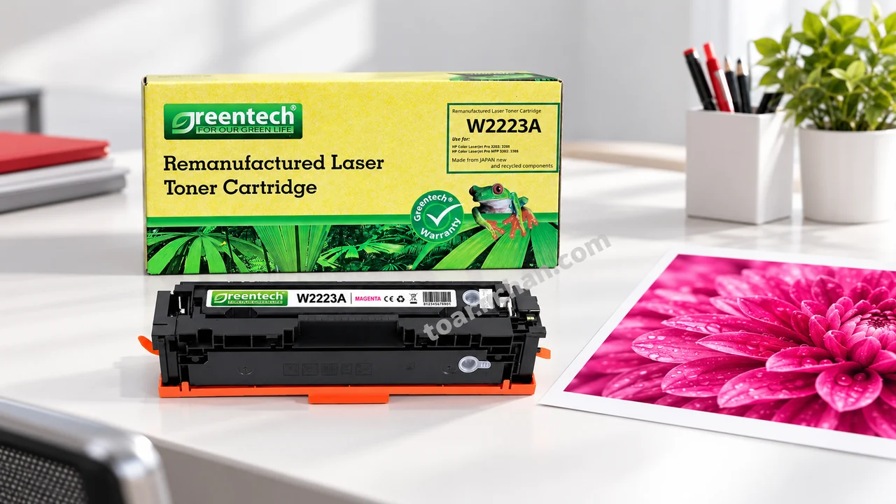Hộp và cartridge Greentech HP W2223A cạnh bản in màu hồng trên bàn làm việc