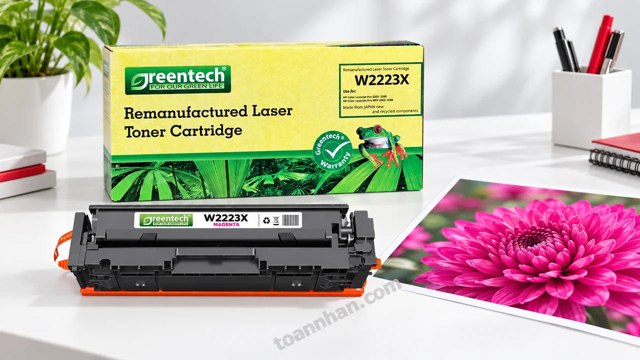 Hộp và cartridge Greentech HP W2223X cạnh bản in màu hồng trên bàn làm việc