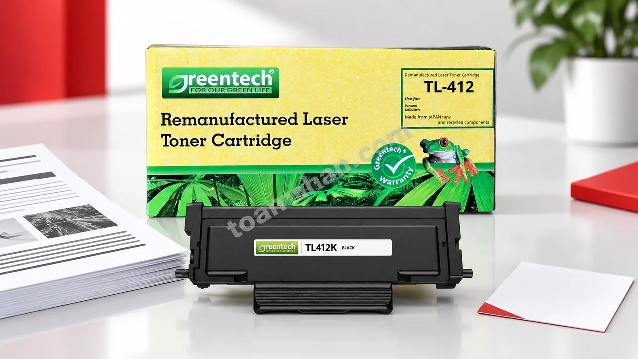 Hộp và cartridge mực Greentech TL412K cạnh bản in văn bản đen