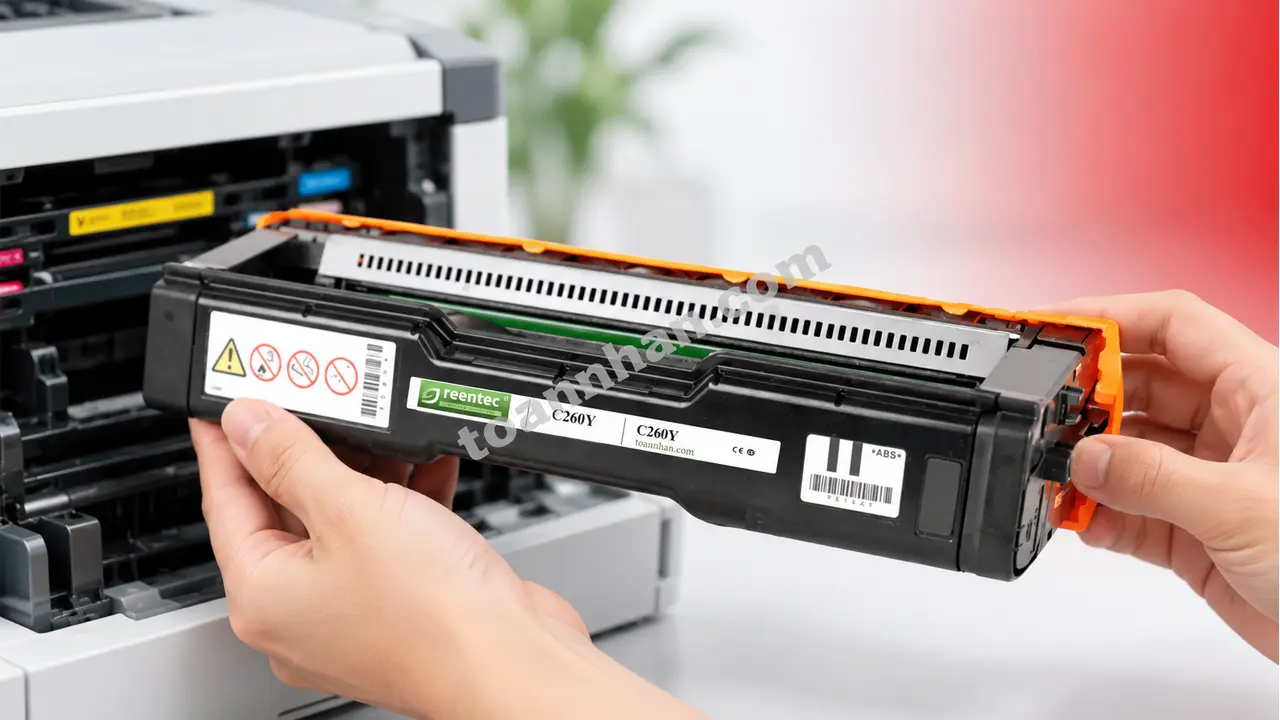 Hộp mực Greentec Ricoh C260Y cạnh máy in