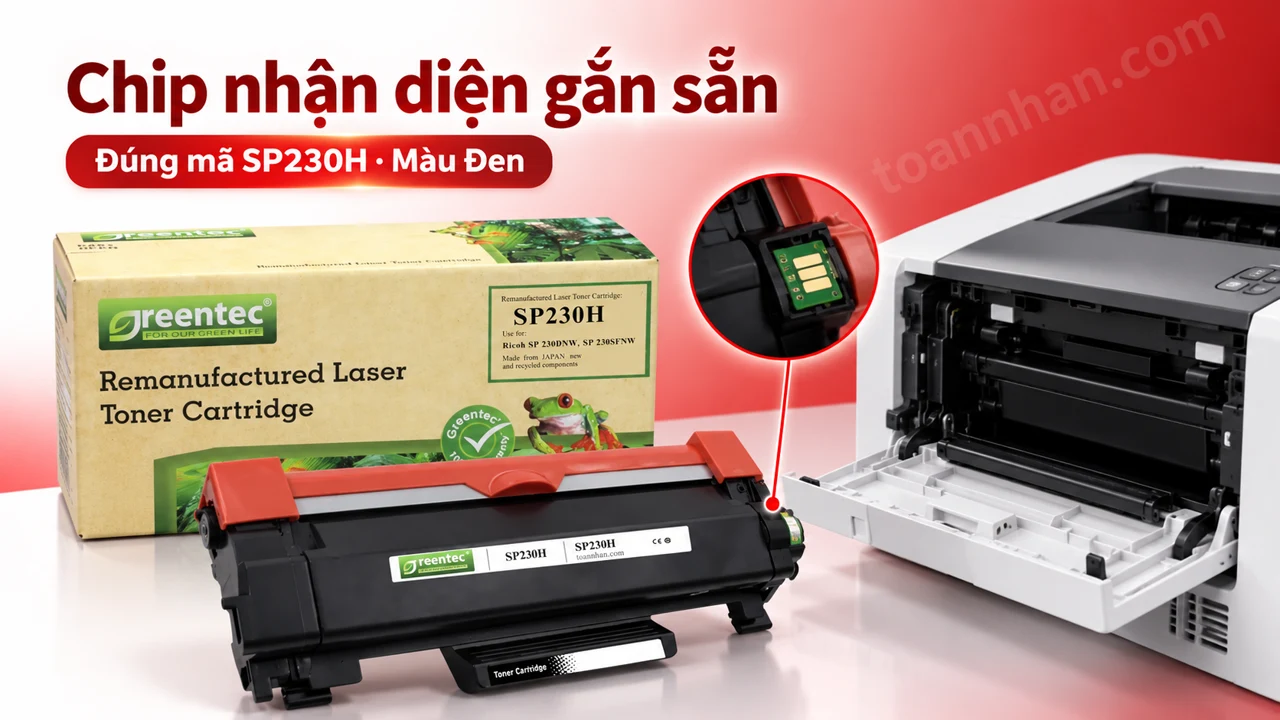 Hộp mực Greentec Ricoh SP230H màu Đen có chip nhận diện cạnh máy in tương thích