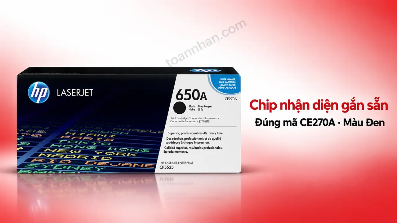 Hộp mực HP CE270A chính hãng màu Đen có chip nhận diện gắn sẵn