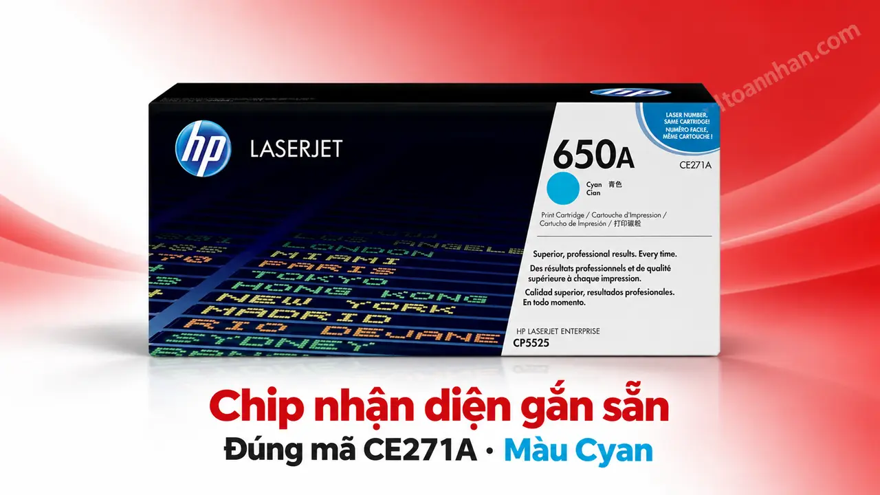 Hộp mực HP CE271A chính hãng màu Cyan có chip nhận diện gắn sẵn
