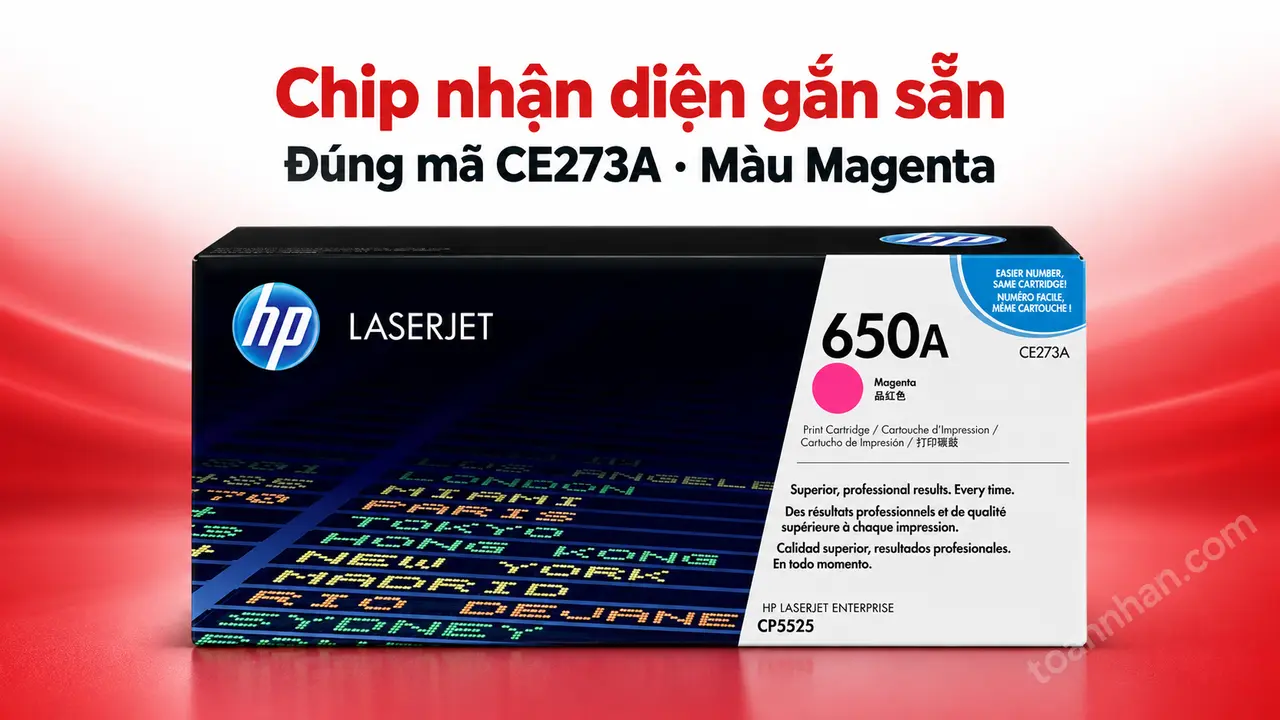 Hộp mực HP CE273A chính hãng màu Magenta có chip nhận diện gắn sẵn