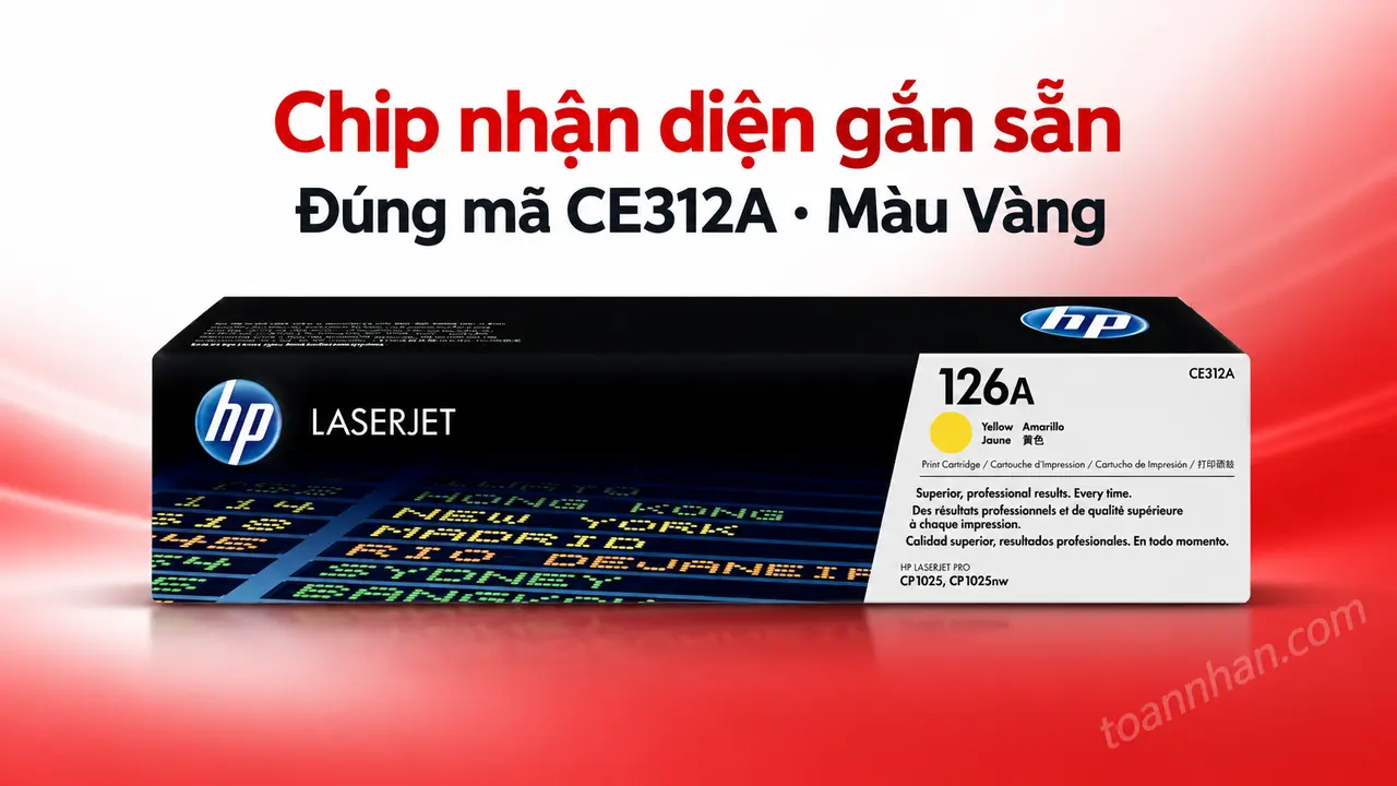 Hộp mực HP CE312A chính hãng màu Vàng có chip nhận diện gắn sẵn