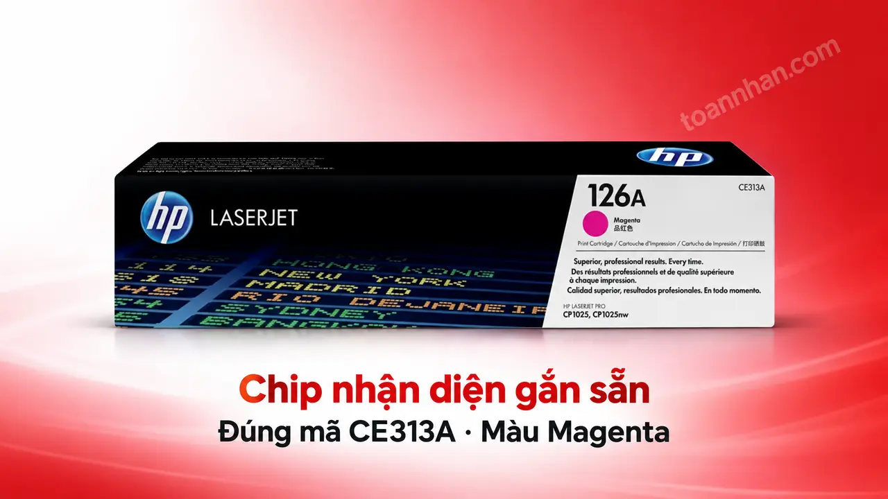 Hộp mực HP CE313A chính hãng màu Magenta có chip nhận diện gắn sẵn