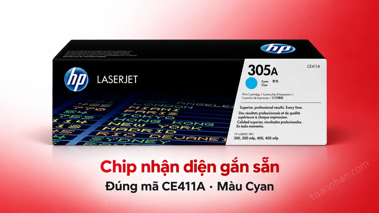 Hộp mực HP CE411A chính hãng màu Cyan có chip nhận diện gắn sẵn