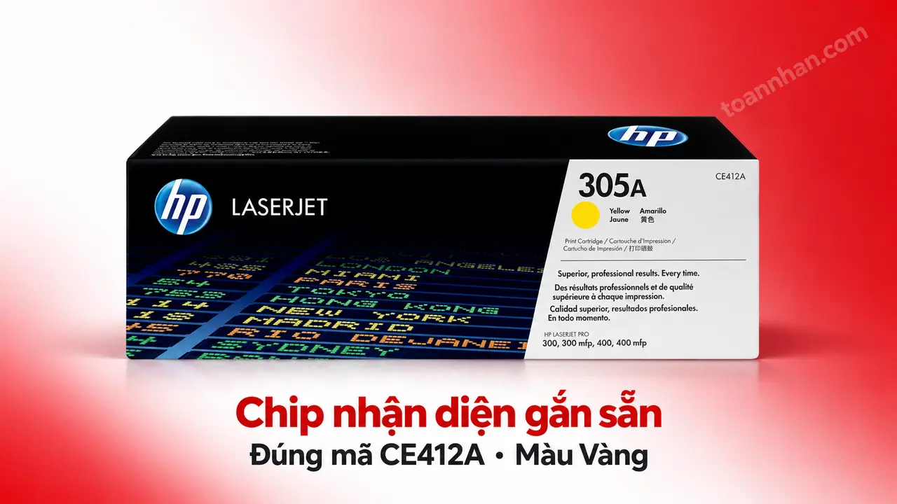 Hộp mực HP CE412A chính hãng màu Vàng có chip nhận diện gắn sẵn