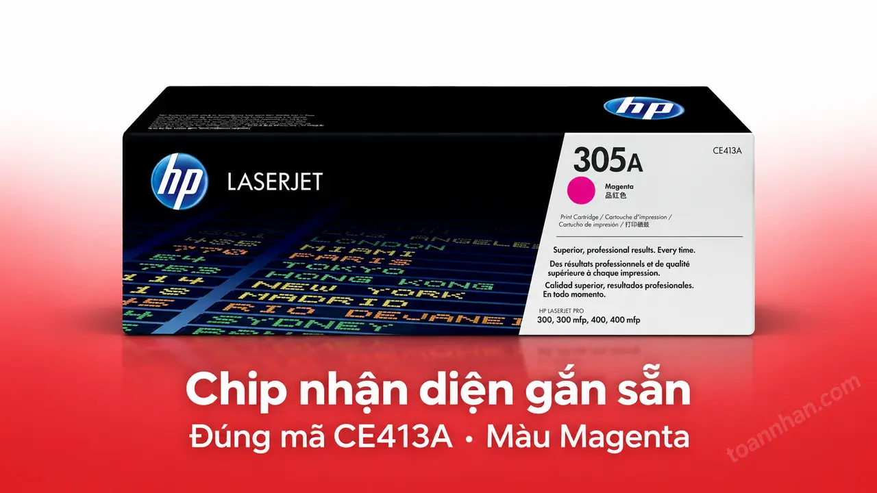 Hộp mực HP CE413A chính hãng màu Magenta có chip nhận diện gắn sẵn