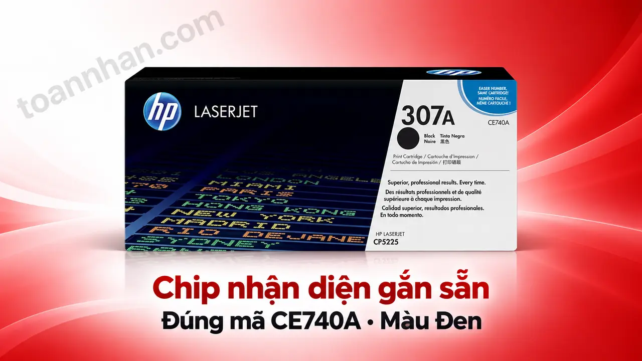 Hộp mực HP CE740A chính hãng màu Đen có chip nhận diện gắn sẵn