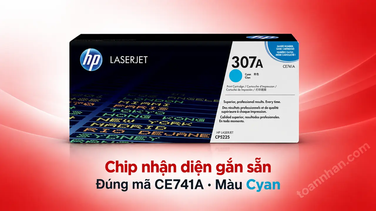 Hộp mực HP CE741A chính hãng màu Cyan có chip nhận diện gắn sẵn