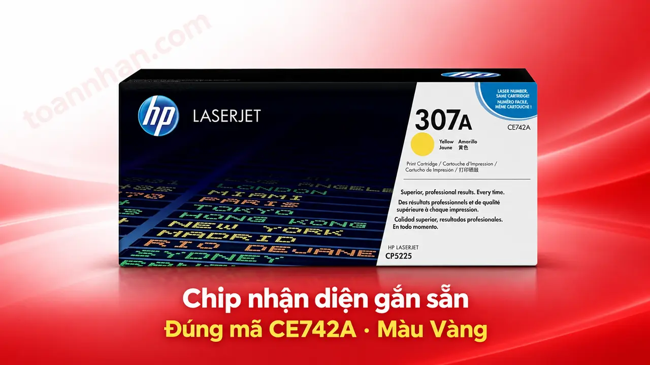 Hộp mực HP CE742A chính hãng màu Vàng có chip nhận diện gắn sẵn