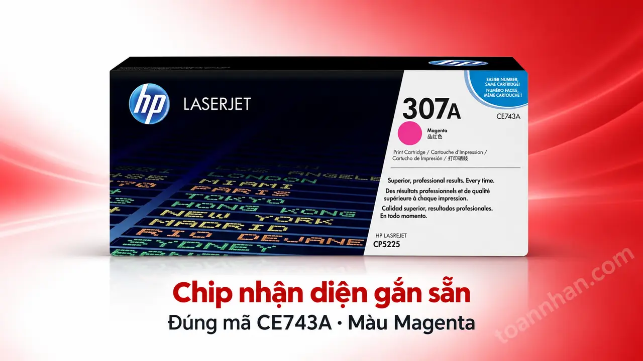 Hộp mực HP CE743A chính hãng màu Magenta có chip nhận diện gắn sẵn