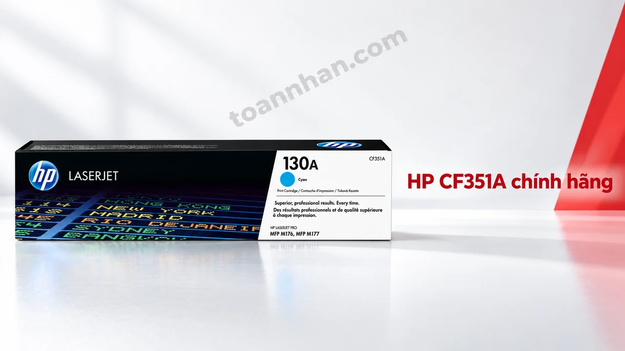 Hộp mực HP CF351A chính hãng màu xanh Cyan trên nền trắng đỏ