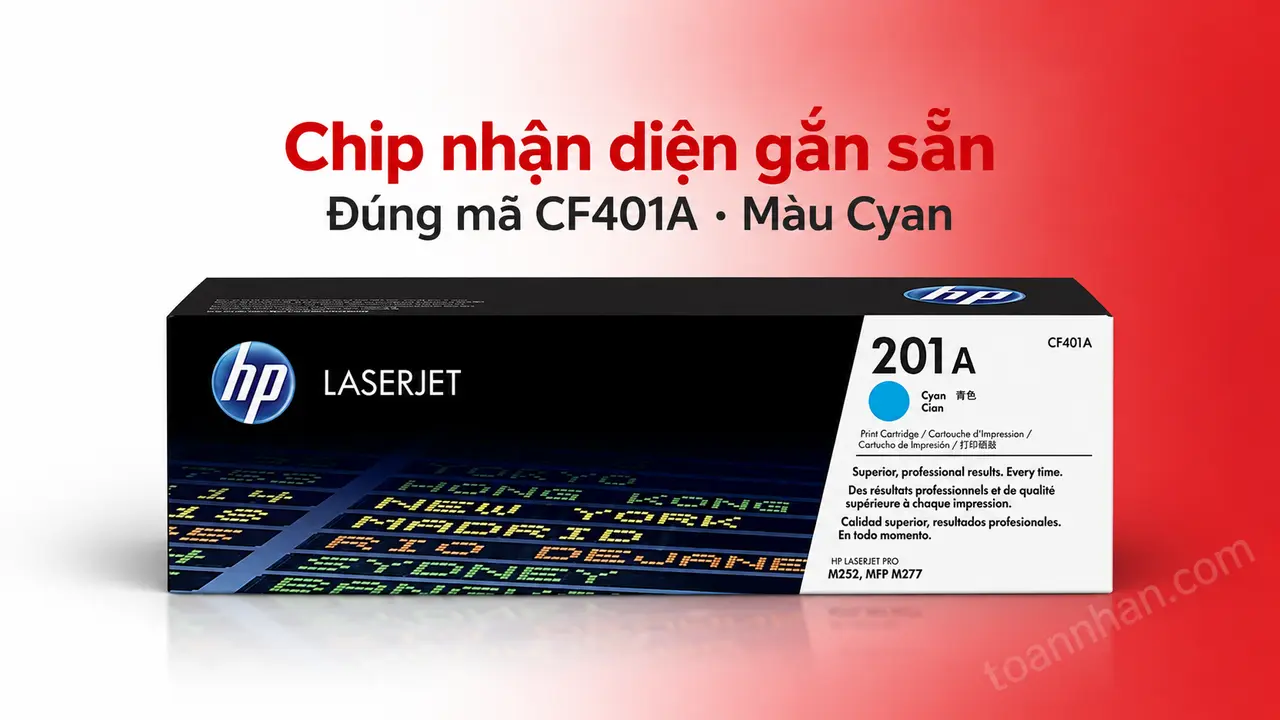 Hộp mực HP CF401A chính hãng màu Cyan có chip nhận diện gắn sẵn