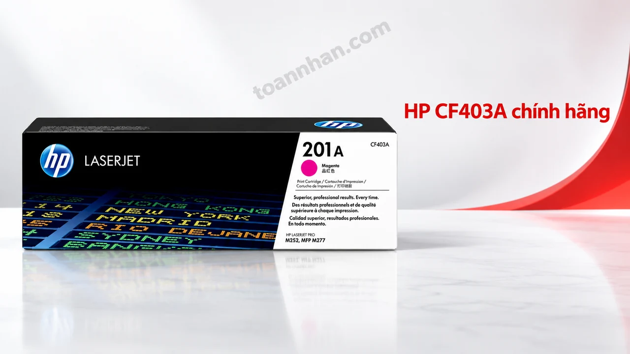 Hộp mực HP CF403A chính hãng màu hồng Magenta trên nền trắng đỏ