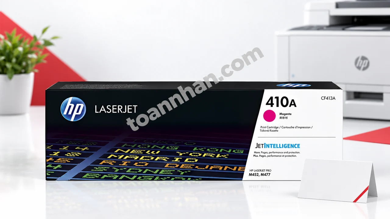 Hộp mực HP CF413A chính hãng cạnh máy in trong ảnh studio