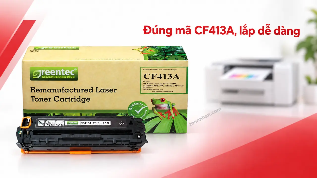 Hộp mực Greentec CF413A cùng cartridge, minh họa lắp đúng mã cho máy in laser màu tương thích