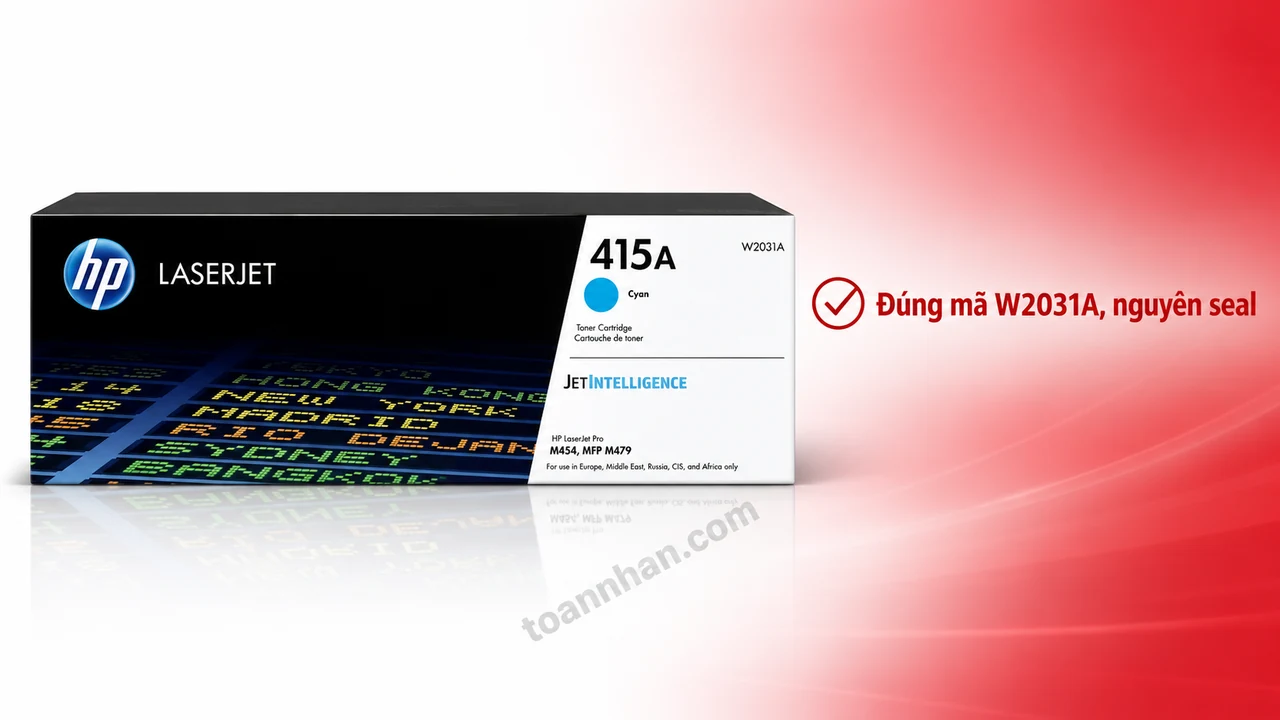 Hộp mực HP W2031A chính hãng màu xanh nguyên seal trên nền trắng