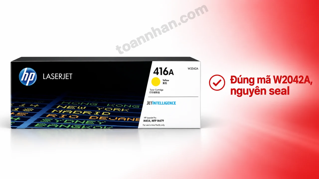 Hộp mực HP W2042A chính hãng màu vàng nguyên seal trên nền trắng